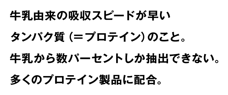 牛乳由来の吸収スピードが早い タンパク質（＝プロテイン）のこと。 牛乳から数パーセントしか抽出できない。 多くのプロテイン製品
